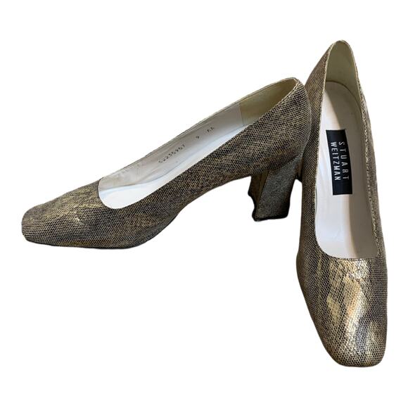 Stuart Weitzman gold snake skin shimmer block heel pump shoes size 9 AA - Picture 7 of 10